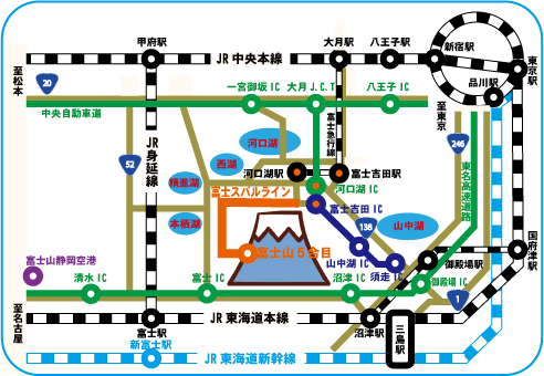 富士スバルライン五合目線:從河口湖車站搭乘「富士スバルライン五合目線」巴士,直達五合目。單程票價為1,570日圓,來回票為2,300日圓。巴士班次隨季節變化,7、8月的登山旺季班次較多,其它月份則較少。